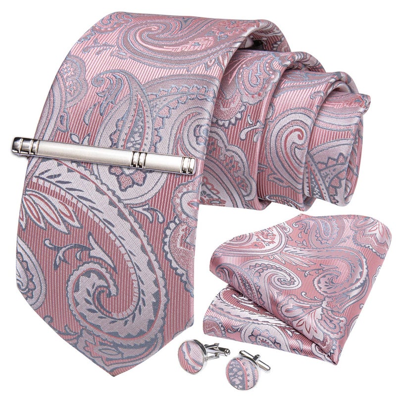 DiBanGu Paisley Ties for Men Silk Necktie and Pocket Square Cufflinks Tie Clip Set Woven Classic Mens Tie for Wedding Party, Dusty Pink - Image 3